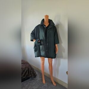 Jil Sander Collection Luxury Green Silk Puffed Coat & Long Lambswool Gloves